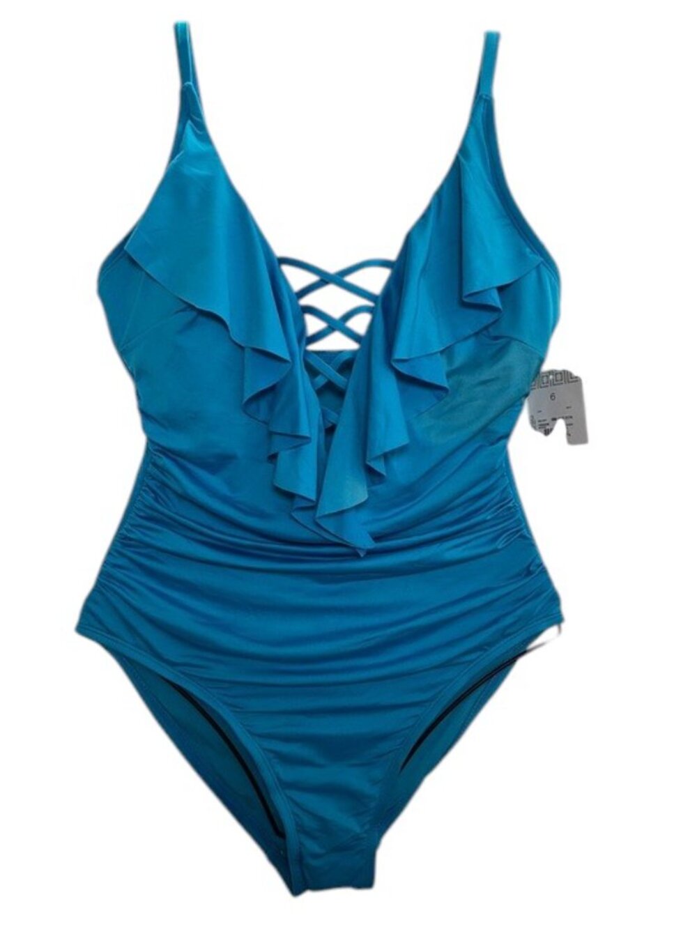 Liz Clairborne Turquoise One Piece Swimsuit Ruffle Neckline Women's Size 6 NWT
